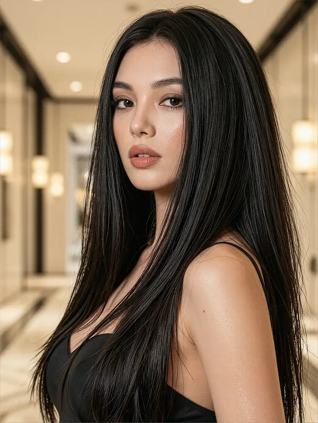 Fictional AI character with sleek black hair in a dark dress, standing in a warm hotel corridor