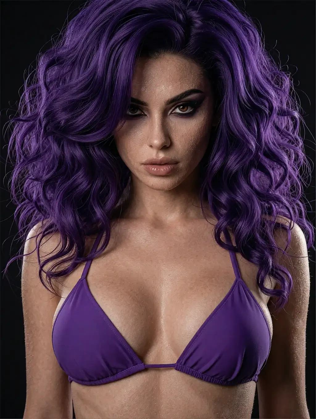 Fictional AI character with violet curls in a matching top against a dark backdrop