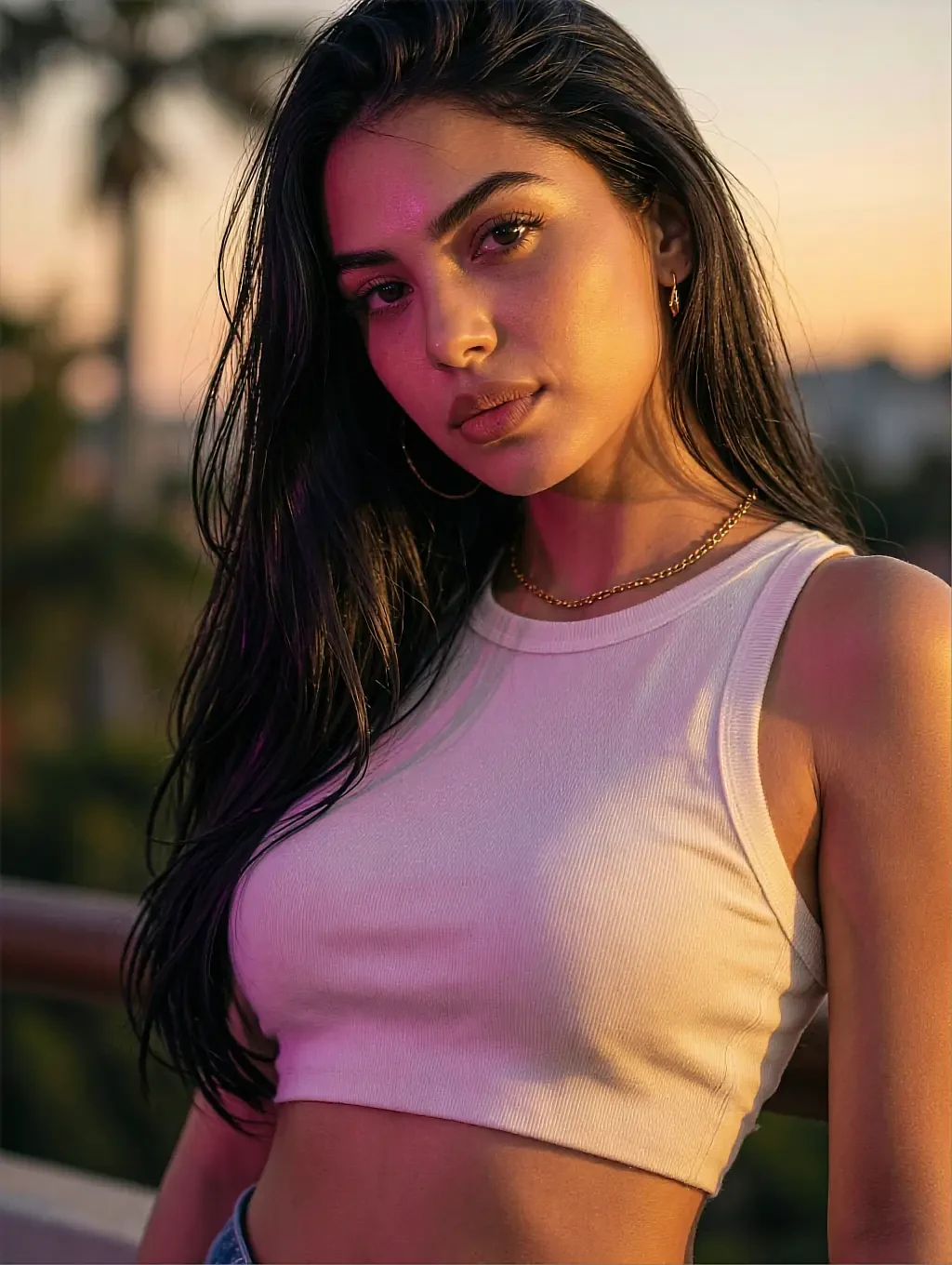 Fictional AI character in a white crop top outdoors in low golden-hour light