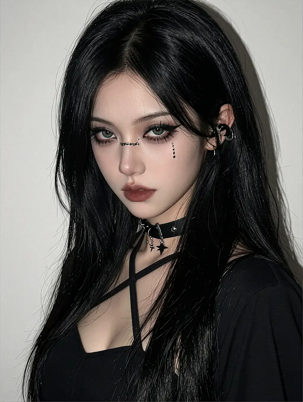 Fictional AI character with long black hair, dark eyeliner and a studded choker in grey light
