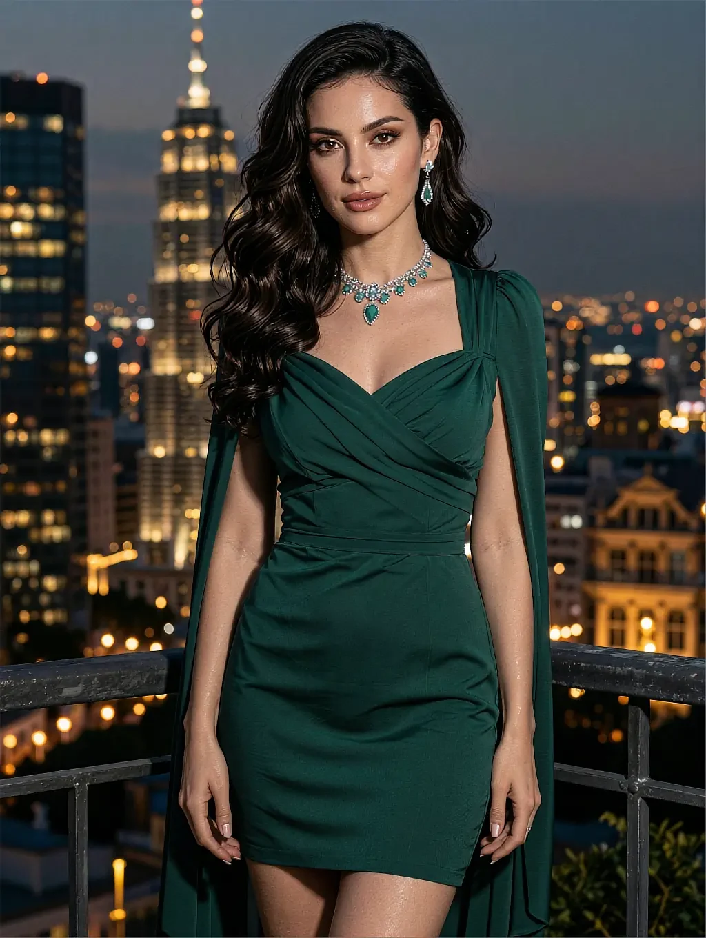 Fictional AI character in an emerald wrap dress on a terrace above a night skyline