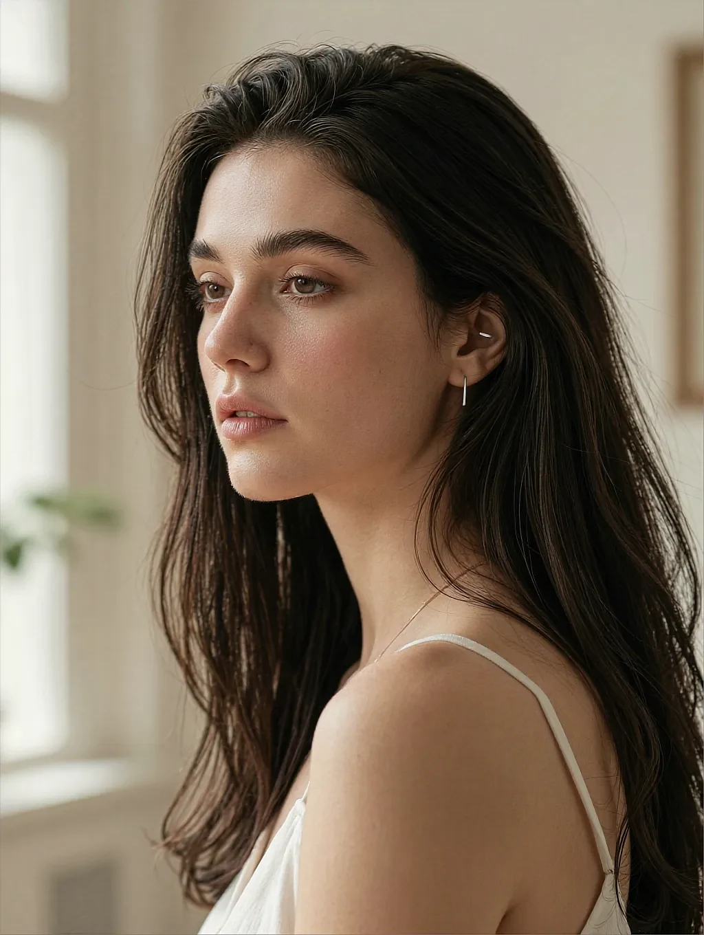 Fictional AI character in a white top turning toward pale window light
