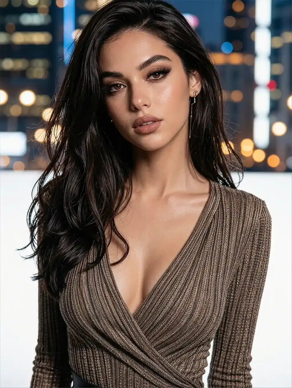 Fictional AI character with black hair in a knitted wrap top against city lights